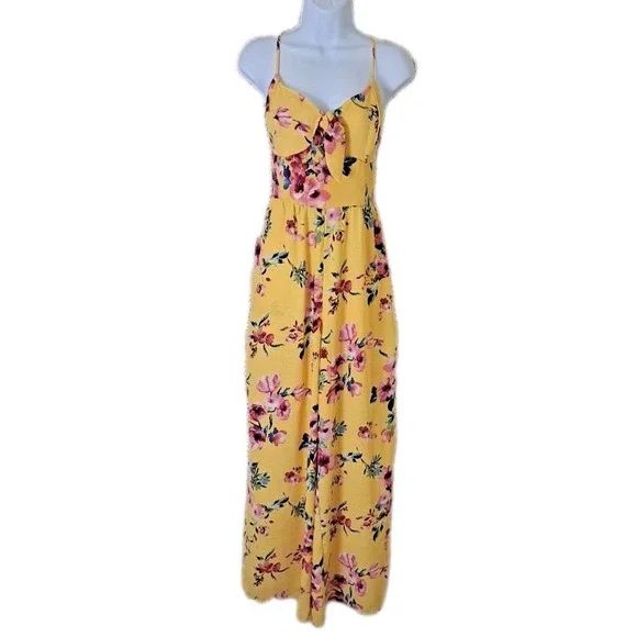 Xhilaration Jumpsuit L Yellow Floral Smocked Back Slit Wide Leg Adjustable Boho - Picture 2 of 14
